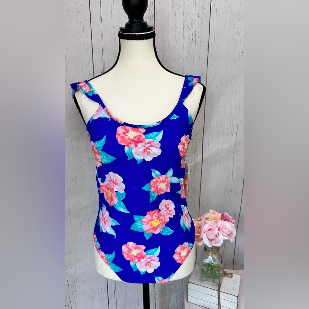 NWT GB Gianni Bini One Piece Swimsuit Blue Floral Ruffled Size L